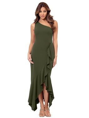 Xscape One-Shoulder Olive Green Ruffle Hem Gown